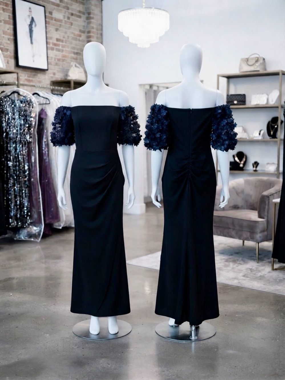 Off-Shoulder Navy Evening Gown with Floral Puff Sleeves